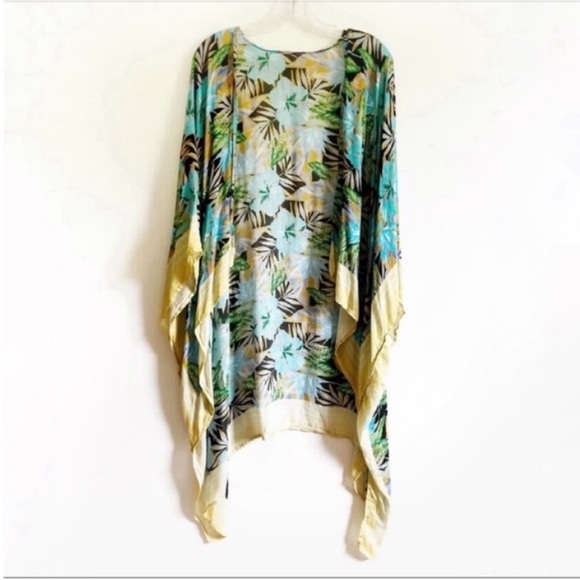 Urban Outfitters kimono blue green floral lightweight tropical - Picture 2 of 8
